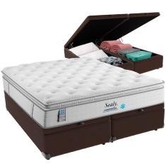 Imagem de Cama Box Baú Marrom E Colchão Confort Gel Molas Ensacadas Com Pillow Top Queen Sealy