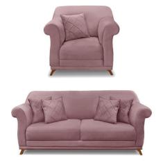 Imagem de Kit Poltrona e Sofá Living 2 Lugares 1,60m Vênus Veludo Pés Castanho -