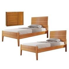 Imagem de Conjunto Quarto de Solteiro com 2 Camas de 90cm e Cômoda 5 Gavetas com Sapateira Unique Amêndoa Mel