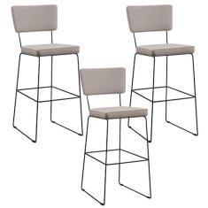 Imagem de Kit 3 Banquetas Alta Para Cozinha Sala De Jantar Base em Aço Fixa Allana L02 Linho Bege - Lyam Decor