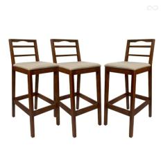Imagem de Kit 3 Banquetas Alta de Madeira Estofada Grécia em Madeira Castanho Linho Bege CCS