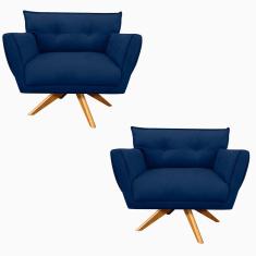 Imagem de Kit 02 Poltronas Giratória Suede Base Madeira  Marinho