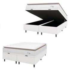 Imagem de Cama Box Colchão Baú Casal King Molas Ensacadas City Pillow Top 193x203x64cm Linho Branco/Bege Hellen - Suporta até 110kg por Pessoa