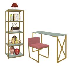 Imagem de Kit Escritório Bex 1 Cadeira Suede Rose com 1 Mesa e 1 Livreiro Ferro Dourado MDF Verde Oliva - Ahazzo Móveis