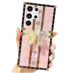 Imagem de Kwhapoo Linda capa feminina compatível com Samsung Galaxy S24 Ultra 17.3 cm Stand Girly, Bling Glitter Pearl Diamond Butterfly Kickstand Case, capas de silicone macio à prova de choque para mulheres