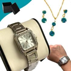 Imagem de Relógio Feminino Quadrado Luxuoso C/ Brincos + Conjunto Kit - Azmar Se