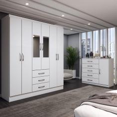 Imagem de Guarda-Roupa Casal Ariana 6 Portas 3 Gavetas e Espelho com Cômoda 1 Porta 5 Gavetas Branco - Panorama Móveis