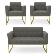 Imagem de Kit 1 Sofá Namoradeira E 2 Poltronas Elisa Suede Base Metálica Industrial Dourada Cor Grafite