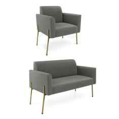 Imagem de Sofá Namoradeira e Poltrona Pé de Ferro Dourado Marisa Suede Grafite D03 - D`Rossi