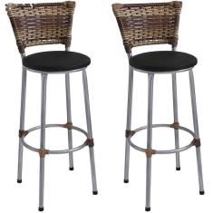 Imagem de Kit 2 Banquetas Médias Prata com Encosto Junco Capuccino Assento Preto