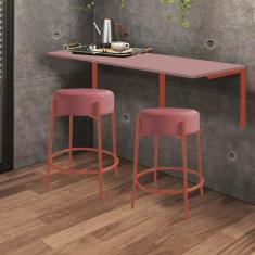 Imagem de Kit Mesa Suspensa de Parede Fixa MDF Rosa + 2 Banquetas Sintra Ferro Bronze Suede Rose - Ahazzo Móveis