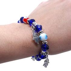 Imagem de Pulseira Feminina Olho Grego e Mão de Fátima Mão Hamsá Azul
