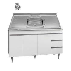 Imagem de Armário Balcão Gabinete De Cozinha Com Tampo De Pia Inox 160 cm Branco Móveis Leartam