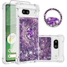 Imagem de Asuwish Capa de celular para Google Pixel 7A 5G 2023 com protetor de tela e suporte de anel com glitter líquido brilhante transparente híbrido TPU silicone proteção resistente Pixel7A A7 mulheres