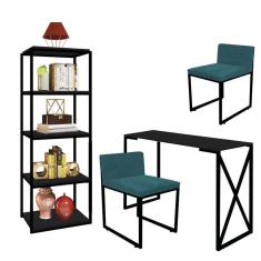 Imagem de Kit Escritório Bex 2 Cadeiras Suede Azul Turquesa com 1 Mesa e 1 Livreiro Ferro Preto MDF Preto - Ahazzo Móveis