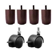 Imagem de Kit P63 Pés Madeira Cama Box Ou Baú 4 Fixos 2 Rodízios Freio marrom