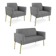 Imagem de Sofá Namoradeira E 2 Poltronas Pé De Ferro Dourado Marisa Linho D03 Grafite