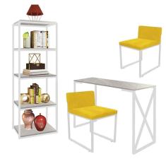 Imagem de Kit Escritório Bex 2 Cadeiras Suede Amarelo com 1 Mesa e 1 Livreiro Ferro Branco MDF Marmorizado Cinza - Ahazzo Móveis