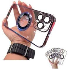 Imagem de Capa de celular anti-queda galvanizada, capa transparente oca magnética de luxo para 15 14 13 12 11 Pro Max Plus capa de borda fashion galvanizada /1016 (Color : Purple, Size : For iPhone 15)