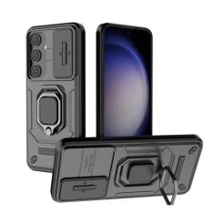 Imagem de SORAKA Capa para Samsung Galaxy S24 com suporte para anel e tampa deslizante para câmera Capa Samsung Galaxy S24 com placa de metal para suporte magnético para carro Capa de camada dupla em PC e TPU
