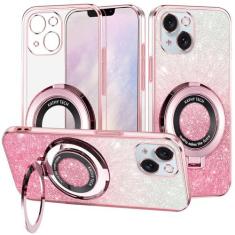 Imagem de Yarxiawin Capa de celular para iPhone 13 Mini, capa transparente com glitter com suporte de anel para carregador sem fio, rosa brilhante para iPhone 13 Mini, capa de silicone macia à prova de choque