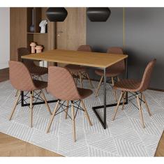 Imagem de Mesa Industrial Retangular Base V Aço Preto 137x90cm Canela 6 Cadeiras Madeira Estofadas Caramelo