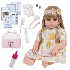 Imagem de Boneca Tipo Reborn Loira Vestido Florido Enxoval Completo - Cegonha Re