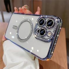 Imagem de Luxo diamante brilho magnético de carregamento silicone caso macio para iphone 15 14 13 12 pro max plus 11 capa transparente, azul, para iphone 13pro