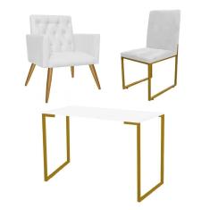 Imagem de Kit Escritório Stan Poltrona Capitonê com Cadeira e Mesa Industrial Branco Dourado Corino Branco - Ahz Móveis