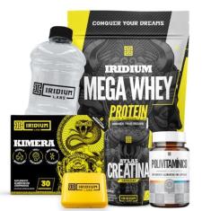 Imagem de Mega Whey + Kimera Thermo 30 Comps + Atlas Creatina 60 Cáps + Polivitamínico 30 caps + Galão Cristal 950ml+ Porta Cáps