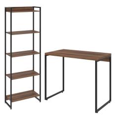 Imagem de Kit Para Escritório Estante 5 Prateleiras Mesa 90Cm Nogal