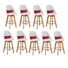 Imagem de Kit 09 Banquetas Alta Maya Giratória Com Encosto Gourmet Linho Bege e Almofada Suede Vermelho - Aurora Line