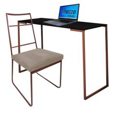 Imagem de Kit Escritório Stark Cadeira e Mesa Industrial Ferro Bronze Tampo MDF Preto Sintético Bege - Ahz Móveis