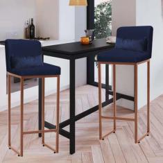 Imagem de Kit 02 Banqueta Alta com Encosto Lucca Industrial Cozinha Balcão Ferro Bronze Suede Azul Marinho e Almofada Azul Marinho - Ahazzo Móveis