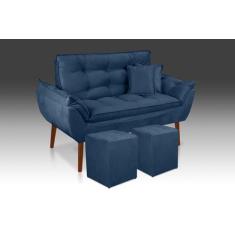 Imagem de Kit 01 Namoradeira Opala + 02 Puff Quadrado + 02 Almofadas Suede Azul