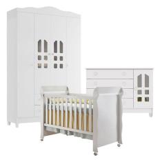 Imagem de Quarto de Bebê New Selena 4 Portas com Cômoda Gran Selena e Berço Mirelle Branco Brilho - Carolina Móveis