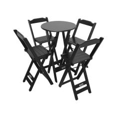 Imagem de Conjunto Bistrô Mesa Dobrável De Madeira Redonda Com 4 Banquetas Preta Cor: Preto