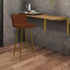Imagem de Kit Mesa Suspensa de Parede Fixa MDF Carvalho + 1 Banqueta Lexi Ferro Dourado Suede Terracota - Ahazzo Móveis