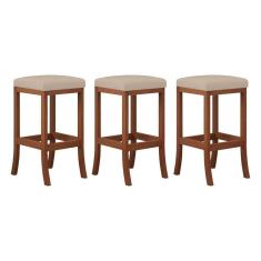 Imagem de Kit 3 Banquetas Média Estofada para Cozinha Barcelona Madeira Castanho Suede CCS
