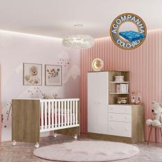 Imagem de Quarto de Bebê Doce Sonho com Roupeiro e Berço Carvalho Branco Qmovi + Physical Gazin