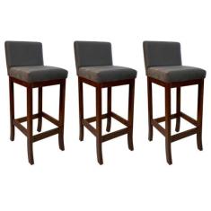 Imagem de Kit 3 Banquetas Média Estofada de Madeira Castanho Melody Suede Cinza