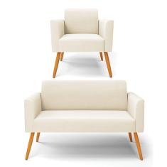 Imagem de Sofá Namoradeira Com Poltrona Pés Palito Castanho Marisa Veludo D03 - D\`rossi Cor Bege