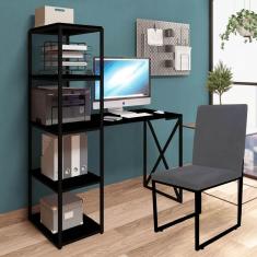 Imagem de Kit Escritório Mesa Max BeX 5 Prateleiras e Cadeira Stan Preto Tampo Preto Corino Cinza - Ahz Móveis