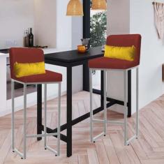 Imagem de Kit 02 Banqueta Alta com Encosto Lucca Industrial Cozinha Balcão Ferro Cinza Sintético Vermelho e Almofada Amarelo - Ahazzo Móveis