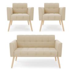 Imagem de Kit 1 Sofá Namoradeira E 2 Poltronas Elisa Suede Pés Palito Natural -