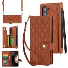 Imagem de Capa de couro crossbody com slot para caneta para Samsung Galaxy Z Fold 5 4 Fold5 Fold4 Fold3 Alça de pulso Capa carteira para cartão, marrom, para Galaxy Z Fold4