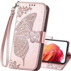 Imagem de Capa carteira para Samsung S22 Ultra, carteira de couro PU, capa protetora para celular, alça de pulso, compartimentos para cartões, bolso em relevo, borboleta, flor, suporte, capa para Samsung Galaxy