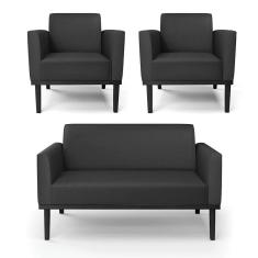 Imagem de Sofá Namoradeira Com 2 Poltronas Base De Madeira Fixa Preto Marisa Corino D03 - D\`rossi Cor Preto