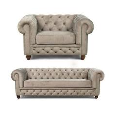 Imagem de Kit Sofá Chesterfield Bege 210cm 3 Lugares  + Poltrona Sala 120cm - Ta