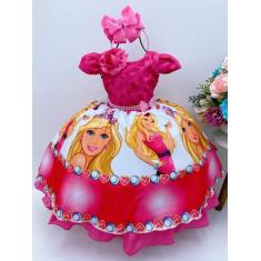 Imagem de Vestido infantil barbie rosa busto renda c/ flor p/ cabelo - fantasias